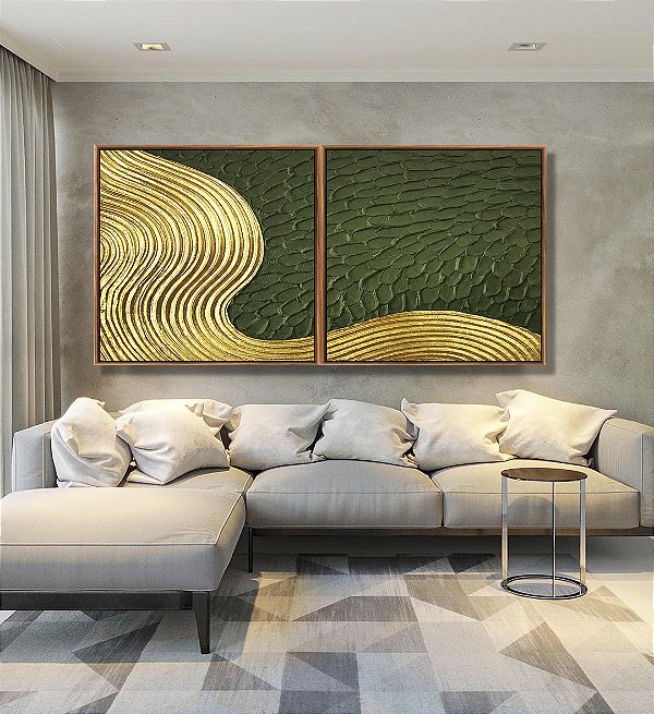Duo de Quadros Quadrados Abstrato Verde Floresta Dourado Ondas Textura Canvas Moldura