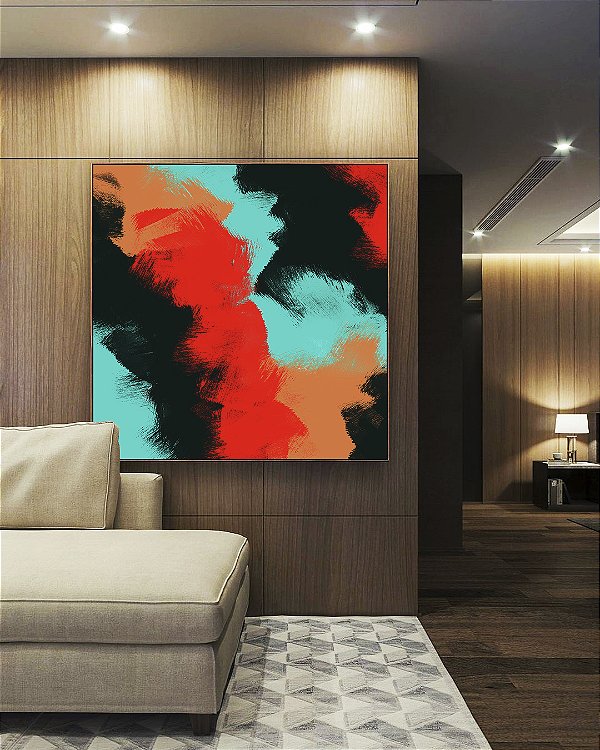 Quadro Quadrado Abstrato Preto Vermelho Laranja Turquesa Canvas Moldura