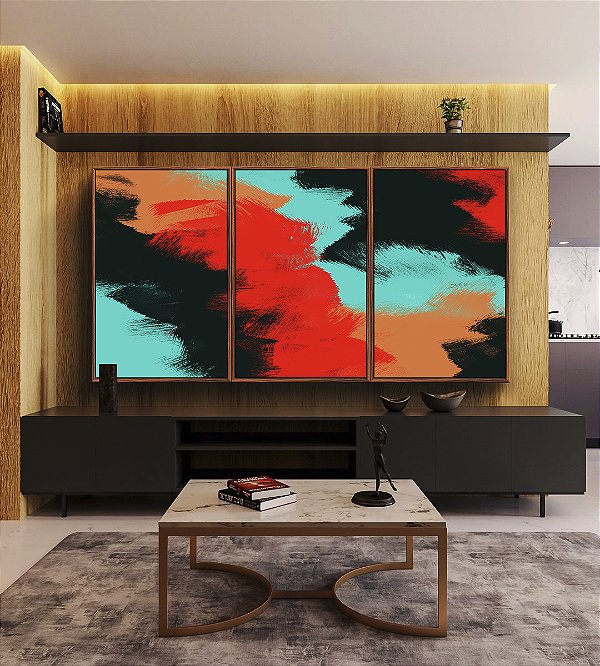 Trio de Quadros Abstrato Preto Vermelho Laranja Turquesa Canvas Moldura