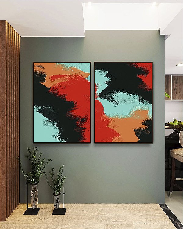 Duo de Quadros Abstrato Preto Vermelho Laranja Turquesa Canvas Moldura