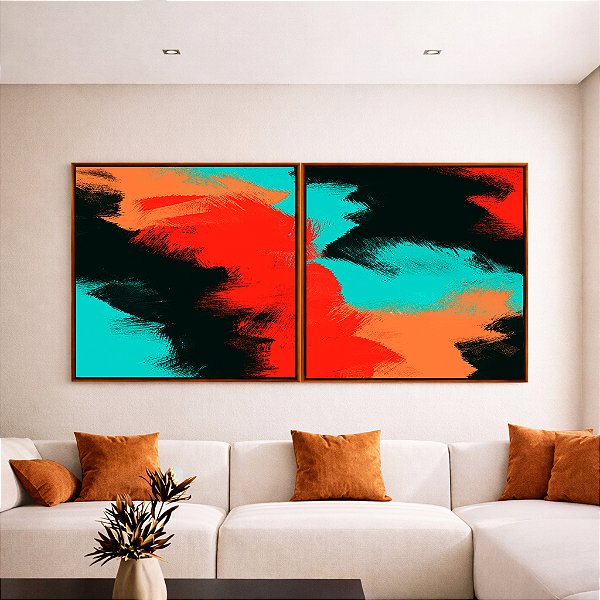 Duo de Quadros Quadrados Abstrato Preto Vermelho Laranja Turquesa Canvas Moldura