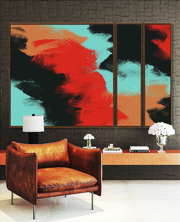 Trio de Quadros Estilizados Abstrato Preto Vermelho Laranja Turquesa Canvas Moldura