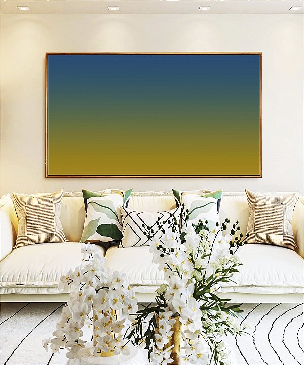 Quadro Horizontal Abstrato Degrade Azul Petróleo Verde Amarelo Canvas Moldura