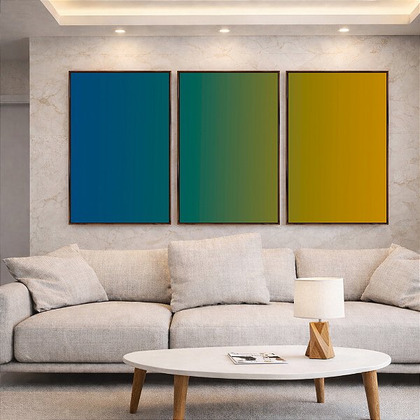 Trio de Quadros Abstrato Degrade Azul Petróleo Verde Amarelo Canvas Moldura