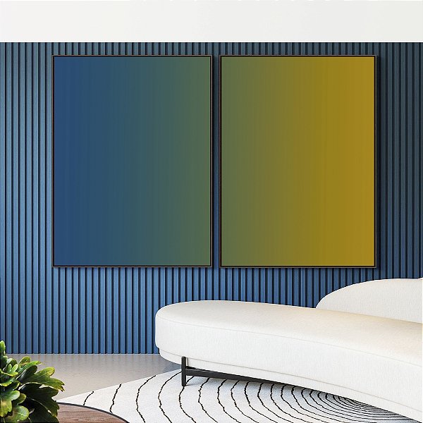 Duo de Quadros Abstrato Degrade Azul Petróleo Verde Amarelo Canvas Moldura