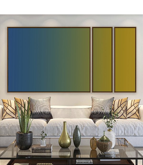 Trio de Quadros Estilizados Abstrato Degrade Azul Petróleo Verde Amarelo Canvas Moldura