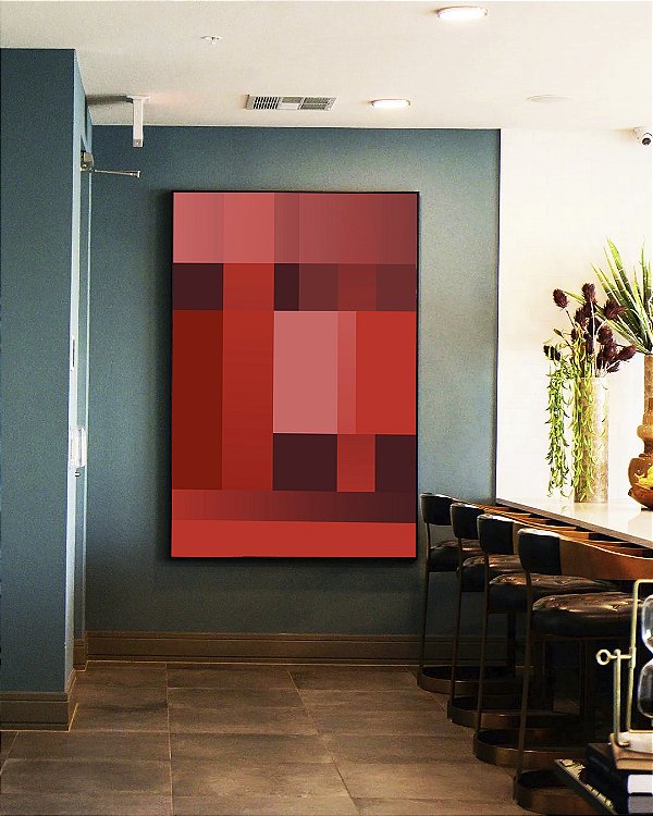 Quadro Vertical Abstrato Degradê Geométrico Rosa Vermelho Vinho Canvas Moldura