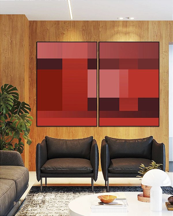 Duo de Quadros Abstrato Degradê Geométrico Rosa Vermelho Vinho Canvas Moldura