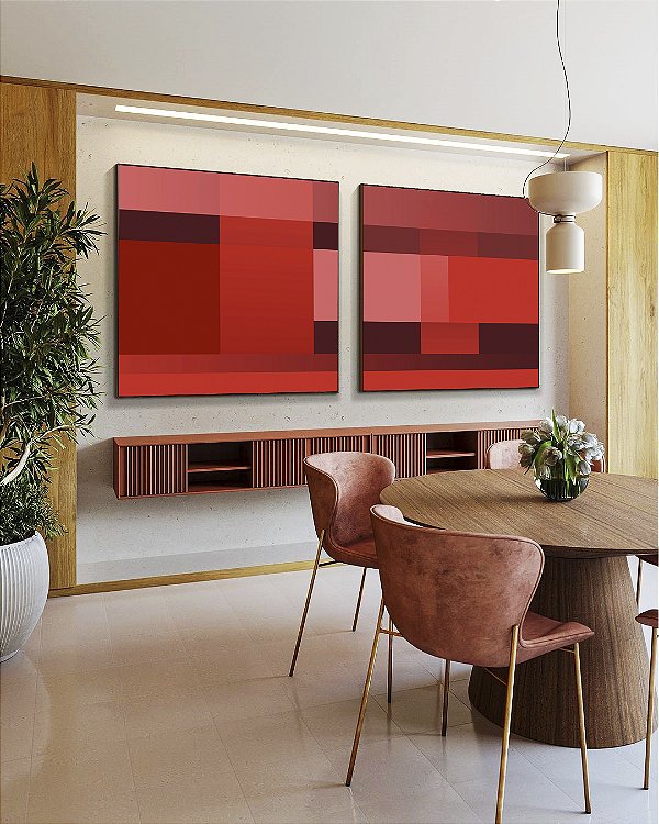 Duo de Quadros Quadrados Abstrato Degradê Geométrico Rosa Vermelho Vinho Canvas Moldura