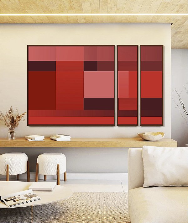 Trio de Quadros Estilizados Abstrato Degradê Geométrico Rosa Vermelho Vinho Canvas Moldura