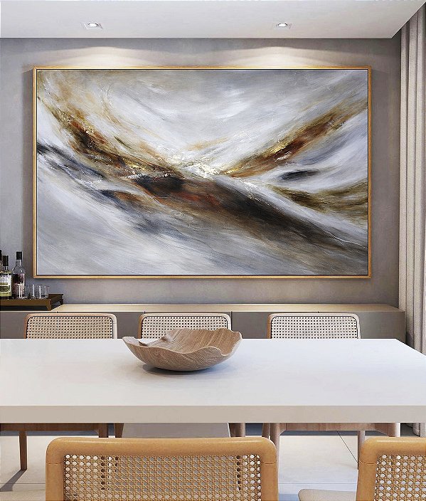 Quadro Horizontal Abstrato Cinza Prateado Dourado Marrom Ondas Pouring Canvas Moldura