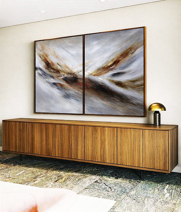 Duo de Quadros Abstrato Cinza Prateado Dourado Marrom Ondas Pouring Canvas Moldura