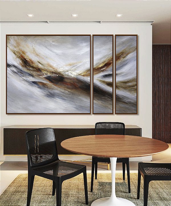 Trio de Quadros Estilizados Abstrato Cinza Prateado Dourado Marrom Ondas Pouring Canvas Moldura