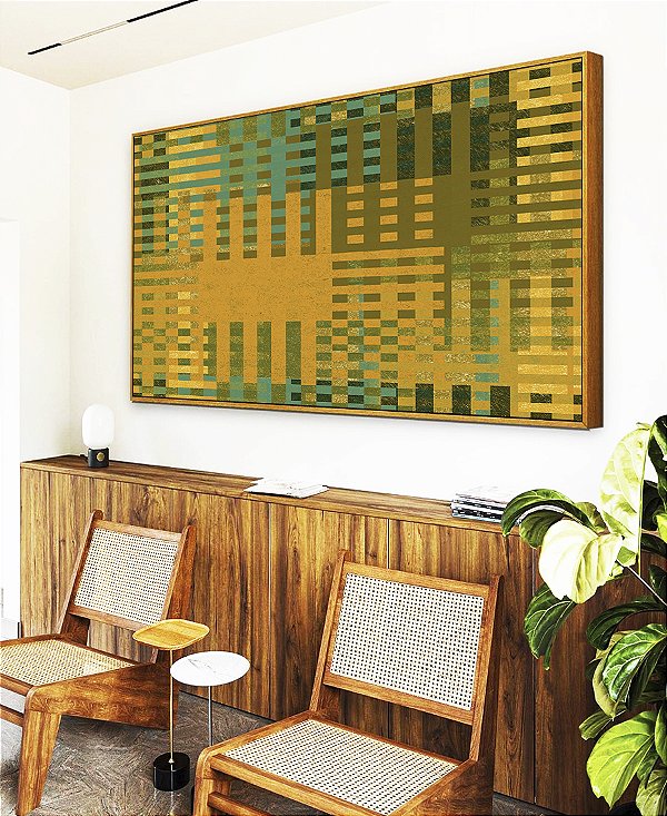 Quadro Horizontal Abstrato Mosaico Geométrico Verde Amarelo Mostarda Canvas Moldura