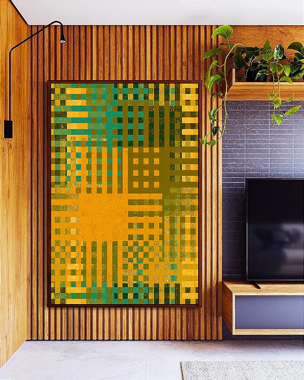 Quadro Vertical Abstrato Mosaico Geométrico Verde Amarelo Mostarda Canvas Moldura