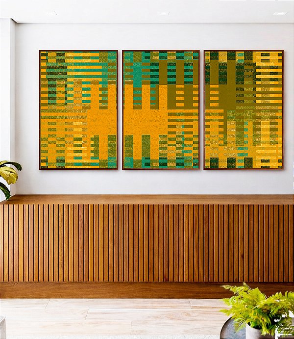 Trio de Quadros Abstrato Mosaico Geométrico Verde Amarelo Mostarda Canvas Moldura