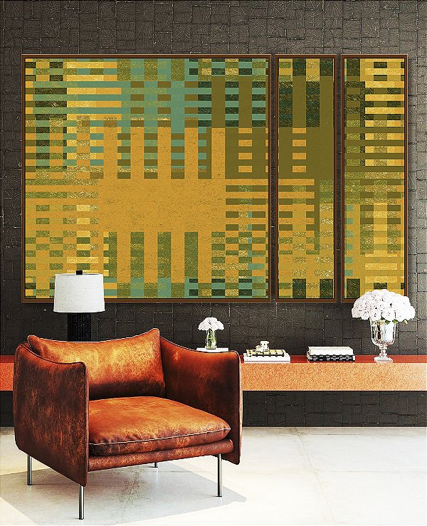 Trio de Quadros Estilizados Abstrato Mosaico Geométrico Verde Amarelo Mostarda Canvas Moldura