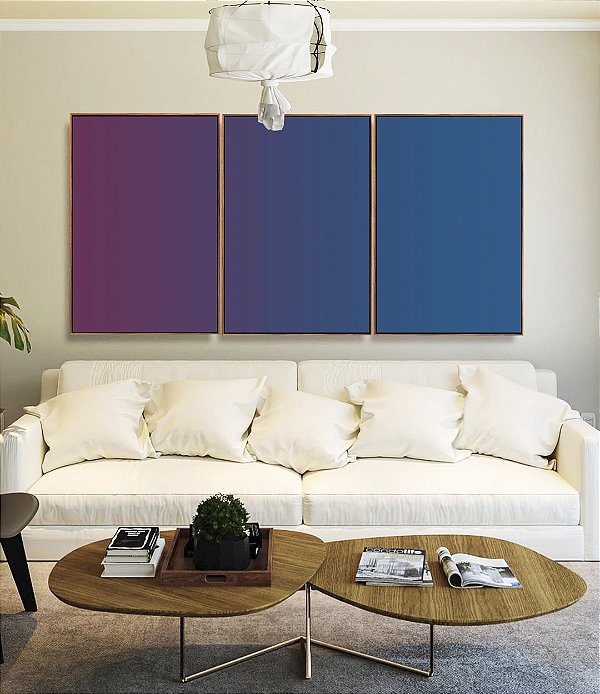 Trio de Quadros Abstrato Degradê Roxo Rosa Violeta Azul Marinho Canvas Moldura