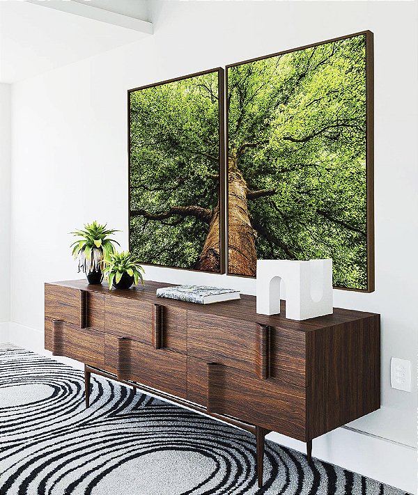 Duo de Quadros Paisagem Árvore Folhas Verdes Floresta Natureza Canvas Moldura