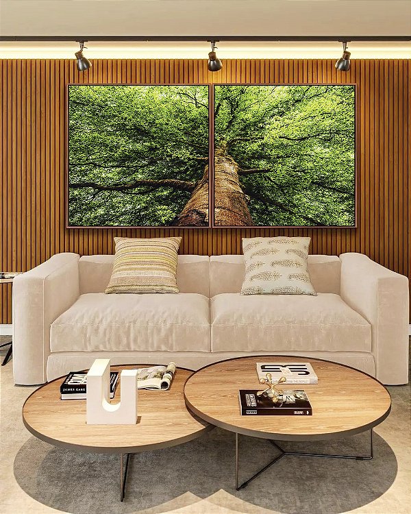 Duo de Quadros Quadrados Paisagem Árvore Folhas Verdes Floresta Natureza Canvas Moldura