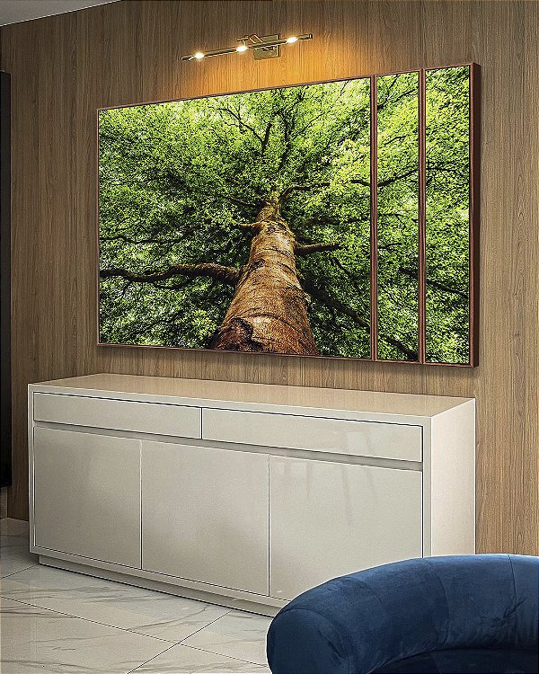 Trio de Quadros Estilizados Paisagem Árvore Folhas Verdes Floresta Natureza Canvas Moldura