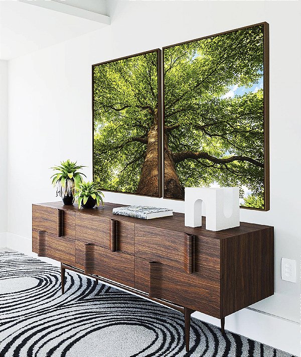 Duo de Quadros Paisagem Árvore Folhas Verdes Floresta Natureza Céu Azul Canvas Moldura
