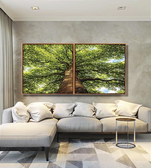 Duo de Quadros Quadrados Paisagem Árvore Folhas Verdes Floresta Natureza Céu Azul Canvas Moldura