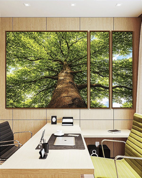 Trio de Quadros Estilizados Paisagem Árvore Folhas Verdes Floresta Natureza Céu Azul Canvas Moldura