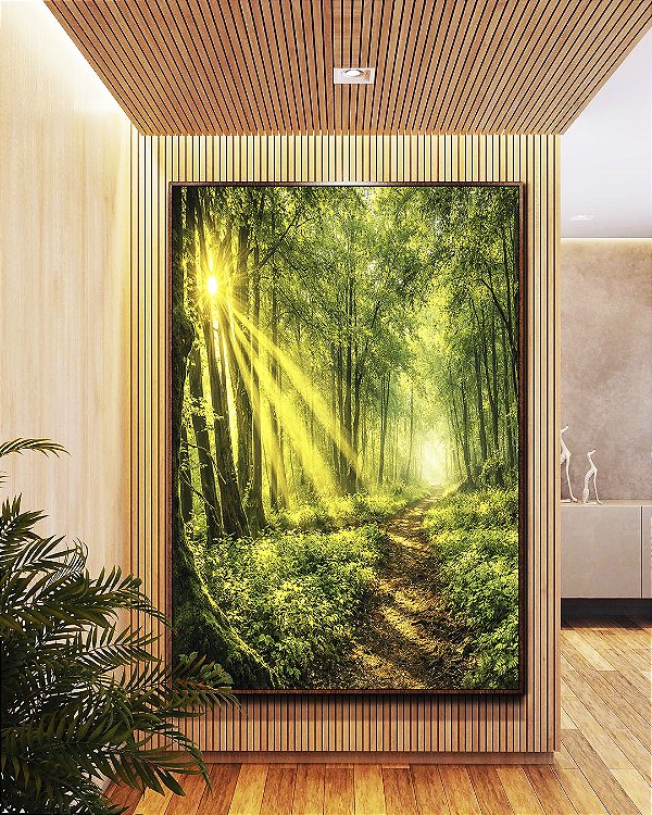 Quadro Vertical Caminho na Floresta Luz do Sol Paisagem Verde Natureza Relaxante Canvas com Moldura
