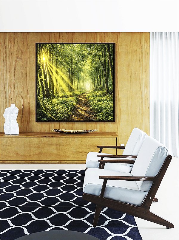Quadro Quadrado Caminho na Floresta Luz do Sol Paisagem Verde Natureza Relaxante Canvas Moldura