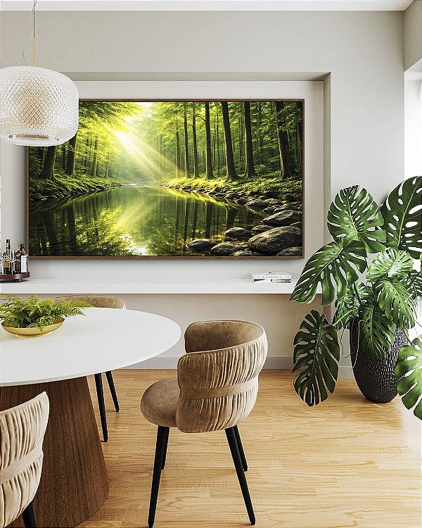 Quadro Horizontal Paisagem Floresta Rio Cristalino Luz Solar Reflexo Verde Natureza Canvas Moldura