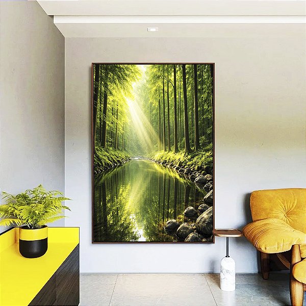 Quadro Vertical Paisagem Floresta Rio Cristalino Luz Solar Reflexo Verde Natureza Canvas Moldura