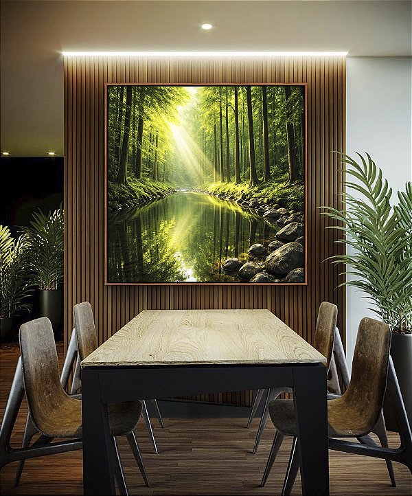 Quadro Quadrado Paisagem Floresta Rio Cristalino Luz Solar Reflexo Verde Natureza Canvas Moldura