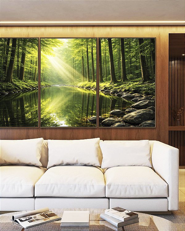 Trio de Quadros Paisagem Floresta Rio Cristalino Luz Solar Reflexo Verde Natureza Canvas Moldura