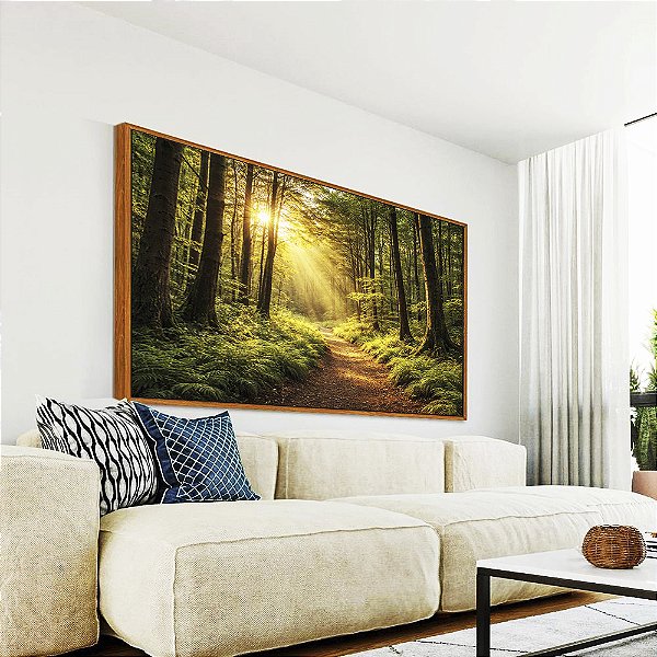 Quadro Horizontal Caminho Floresta Luz Dourada Sol Árvores Paisagem Relaxante Canvas Moldura