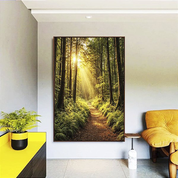 Quadro Vertical Caminho Floresta Luz Dourada Sol Árvores Paisagem Relaxante Canvas Moldura