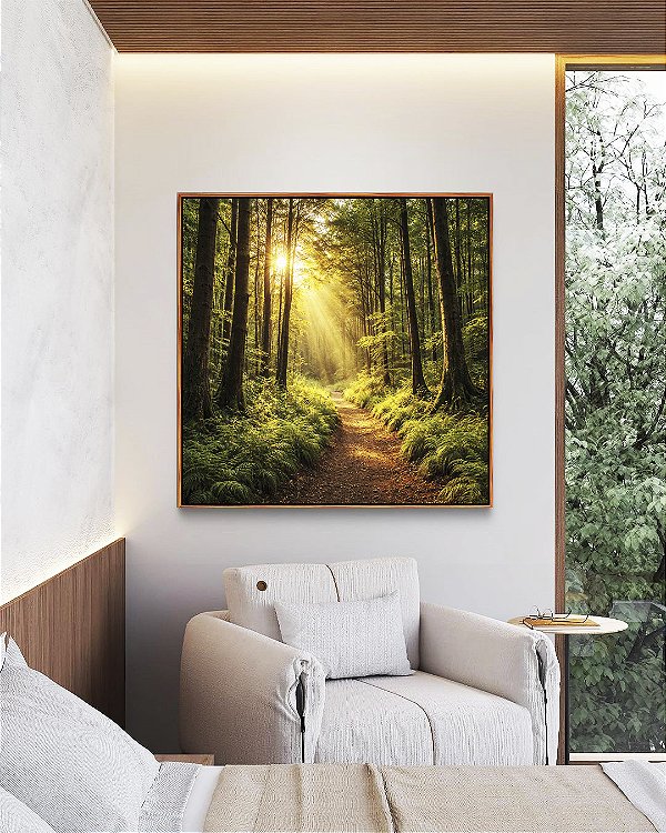 Quadro Quadrado Caminho Floresta Luz Dourada Sol Árvores Paisagem Relaxante Canvas Moldura