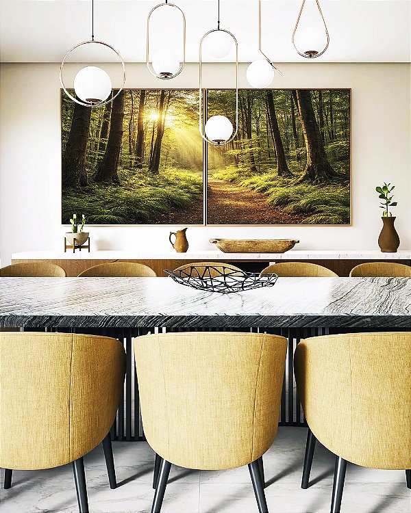 Duo de Quadros Quadrados Caminho Floresta Luz Dourada Sol Árvores Paisagem Relaxante Canvas Moldura