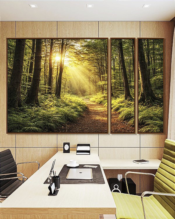 Trio de Quadros Estilizados Caminho Floresta Luz Dourada Sol Árvores Paisagem Relaxante Canvas Moldura