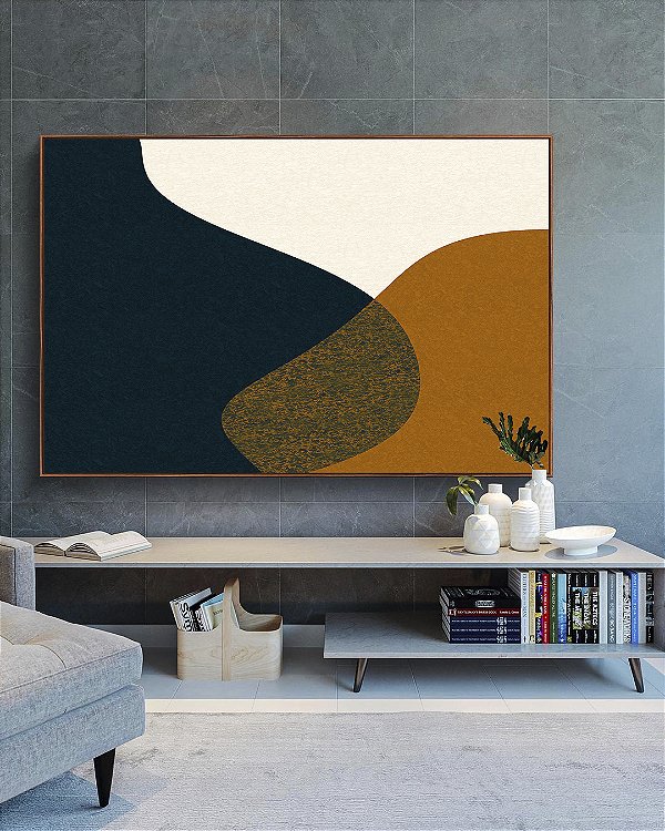 Quadro Horizontal Abstrato Minimalista Azul Amarelo Dourado Canvas Moldura