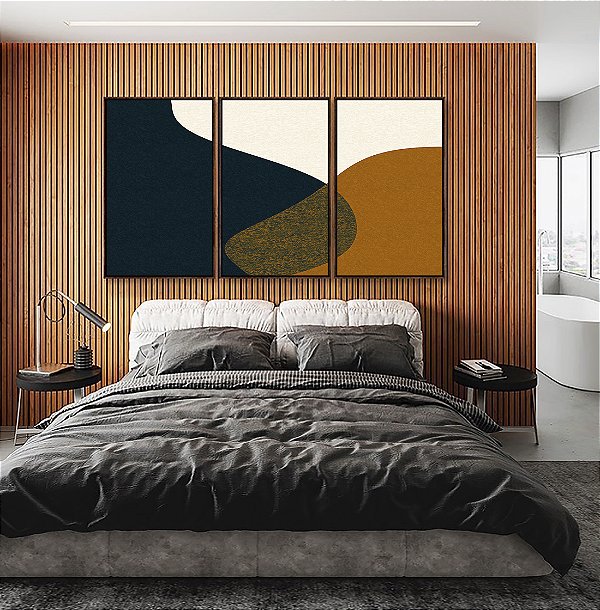 Trio de Quadros Abstrato Minimalista Azul Amarelo Dourado Canvas Moldura