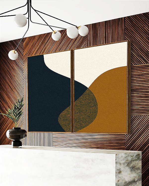 Duo de Quadros Abstrato Minimalista Azul Amarelo Dourado Canvas Moldura