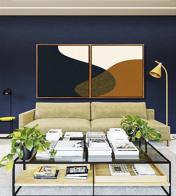 Duo de Quadros Quadrados Abstrato Minimalista Azul Amarelo Dourado Canvas Moldura