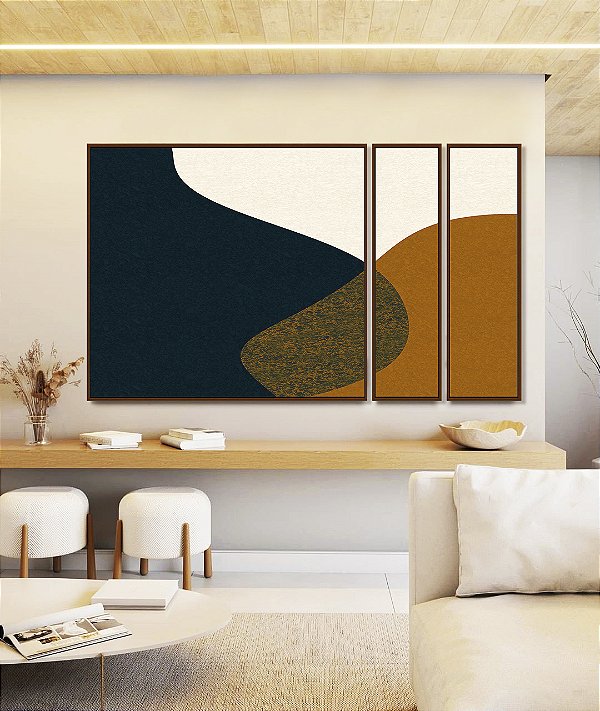 Trio de Quadros Estilizados Abstrato Minimalista Azul Amarelo Dourado Canvas Moldura