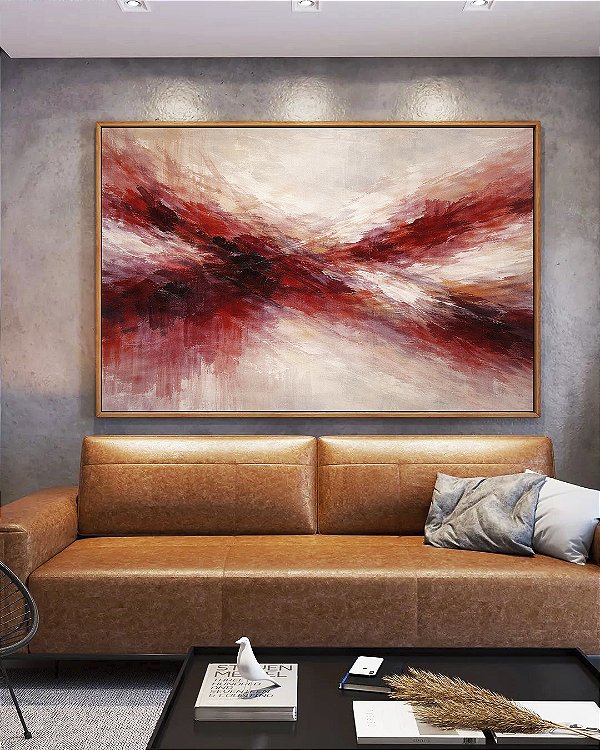 Quadro Horizontal Abstrato Bege Marrom Vermelho Carmim Ondas Pouring Canvas Moldura
