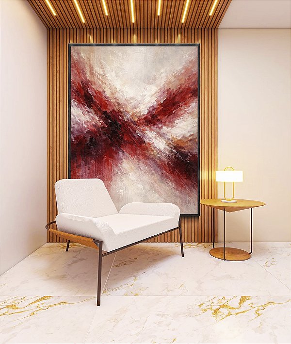Quadro Vertical Abstrato Bege Marrom Vermelho Carmim Ondas Pouring Canvas Moldura
