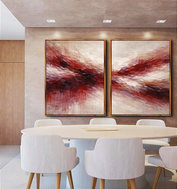 Duo de Quadros Abstrato Bege Marrom Vermelho Carmim Ondas Pouring Canvas Moldura