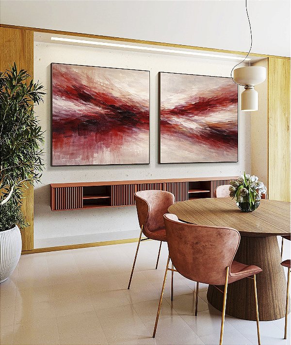 Duo de Quadros Quadrados Abstrato Bege Marrom Vermelho Carmim Ondas Pouring Canvas Moldura