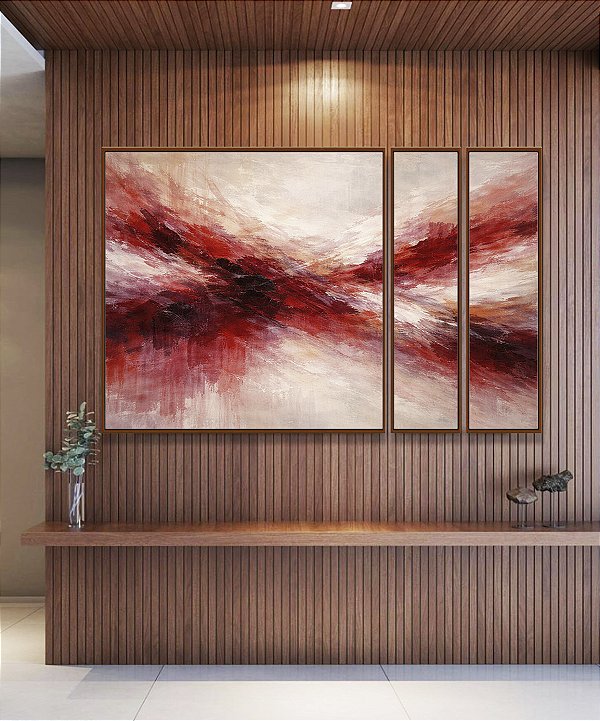 Trio de Quadros Estilizados Abstrato Bege Marrom Vermelho Carmim Ondas Pouring Canvas Moldura