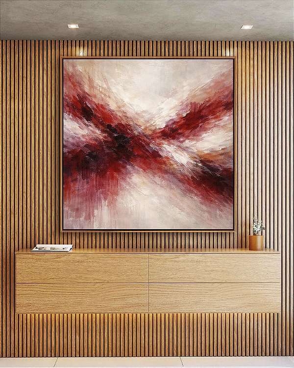 Quadro Quadrado Abstrato Bege Marrom Vermelho Carmim Ondas Pouring Canvas Moldura
